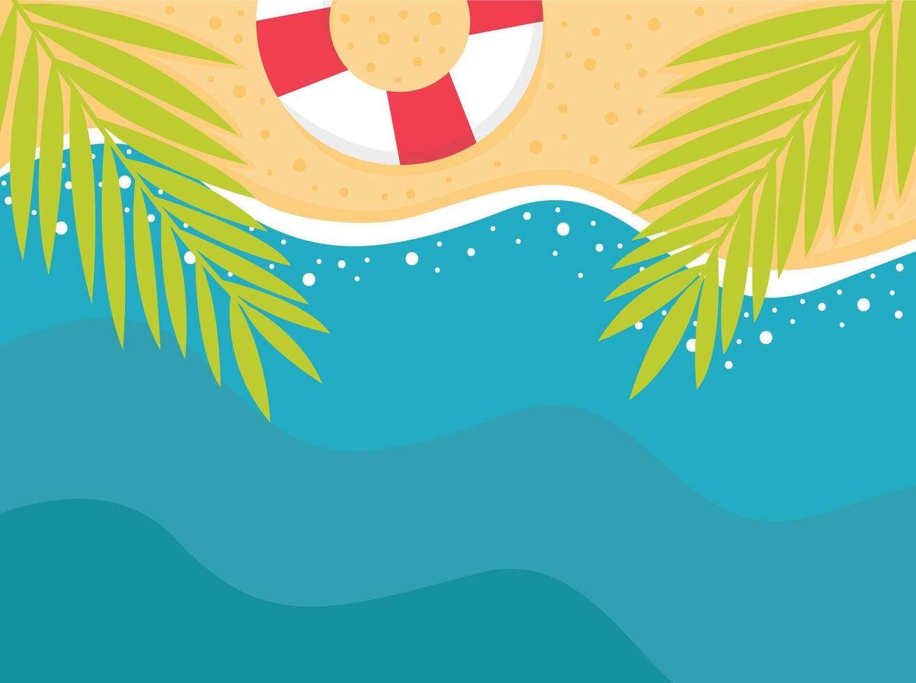 Summer beach banner with ocean wave, inflatable ring and tropical leaves flat illustration vector