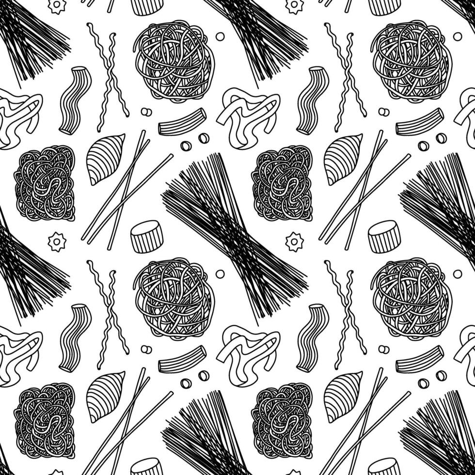 Hand drawn pasta seamless pattern on white background. Macaroni, penne, fettuccine, farfalle, fusilli and spaghetti pattern vector