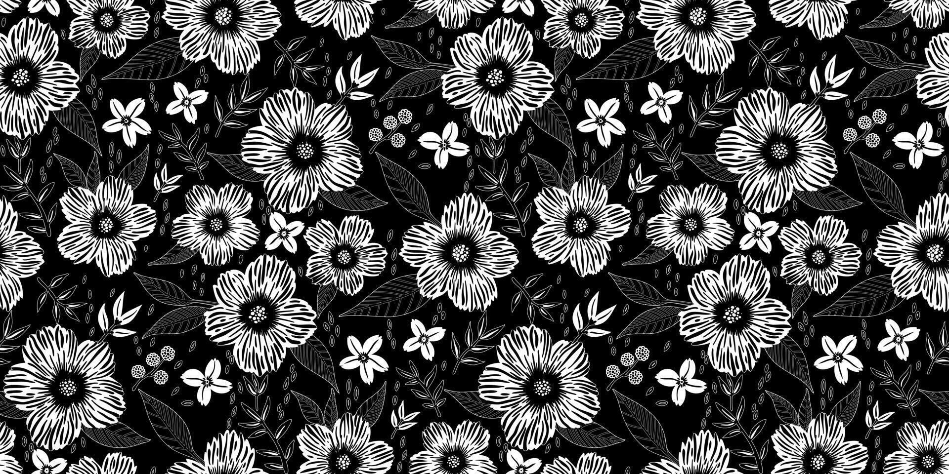 Black and white seamless floral pattern with hand-drawn flowers and leaves. Ideal for fabric prints, wallpapers, gift wrap, stationery, textile, and spring or summer-themed designs. vector