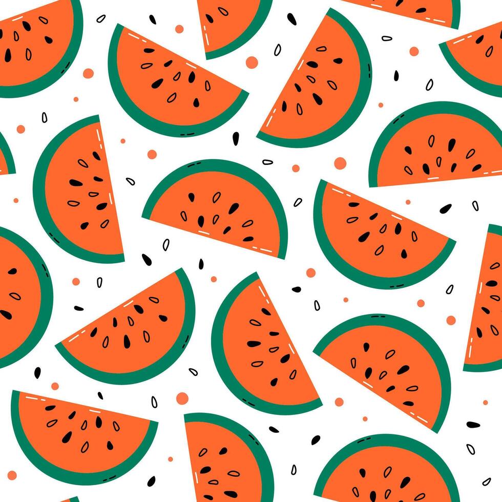 Seamless watermelon pattern, background with flat colorful fruit slices and seeds. Repeating summer design, print with simple watermelon slice. vector