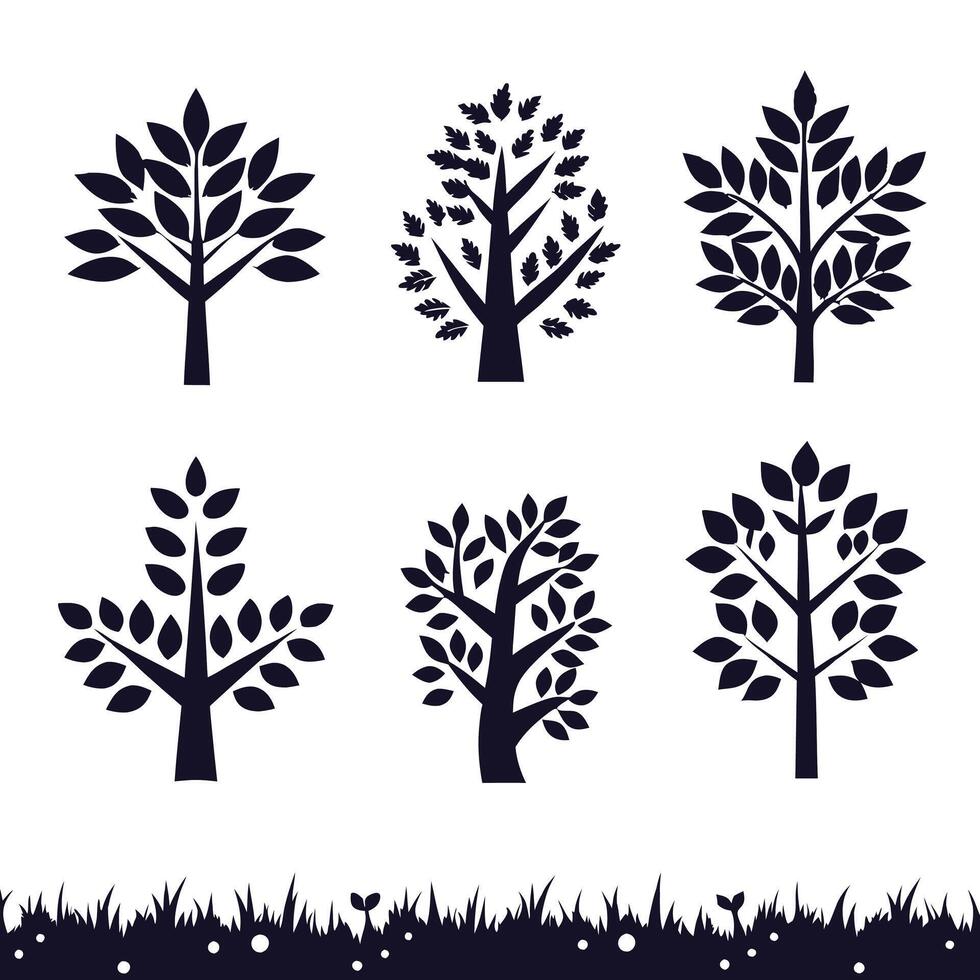 Set of tree silhouettes and grass border vector
