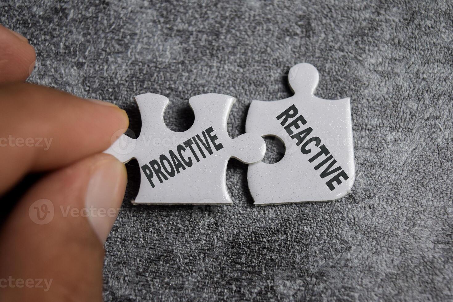 Piece of jigsaw puzzle with word Proactive and Reactive. photo
