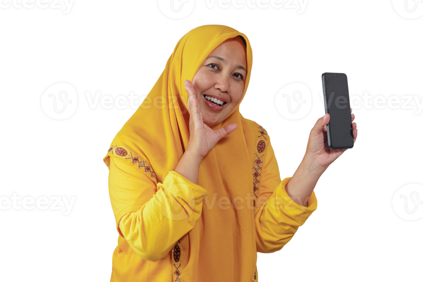 Happy Muslim woman showing smartphone, smiling, promoting mobile tech png