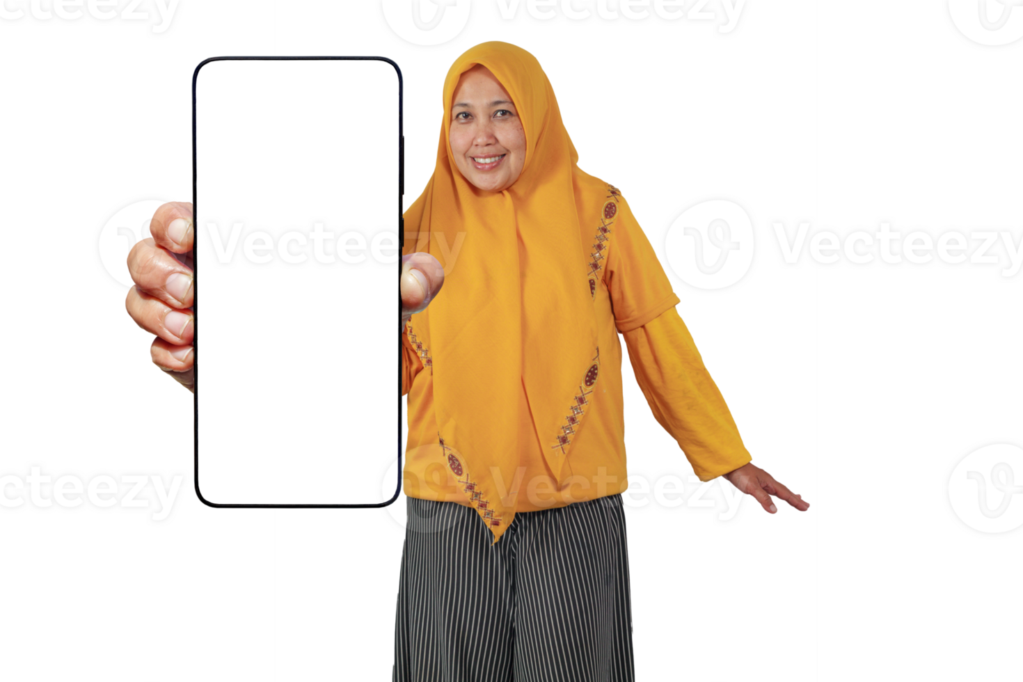 Mockup phone display by Muslim woman for app promo or UI template use png