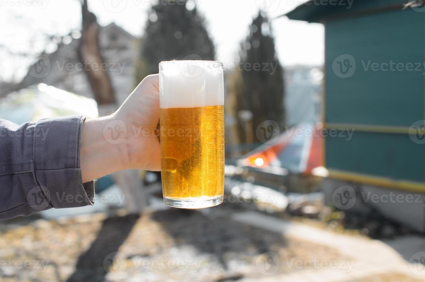 Male hand holding a mug of beer in a vegetable garden outside on a sunny day. Close-up, selective focus. photo