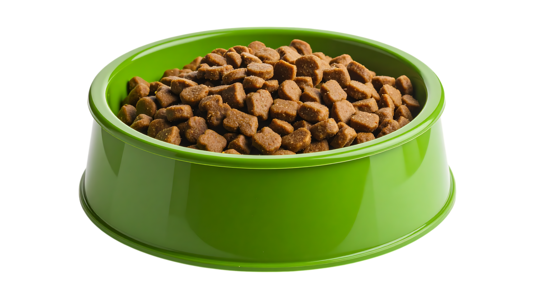 Isolated green bowl full of pet food for dog or cat animal nutrition and feeding concept on transparent background png