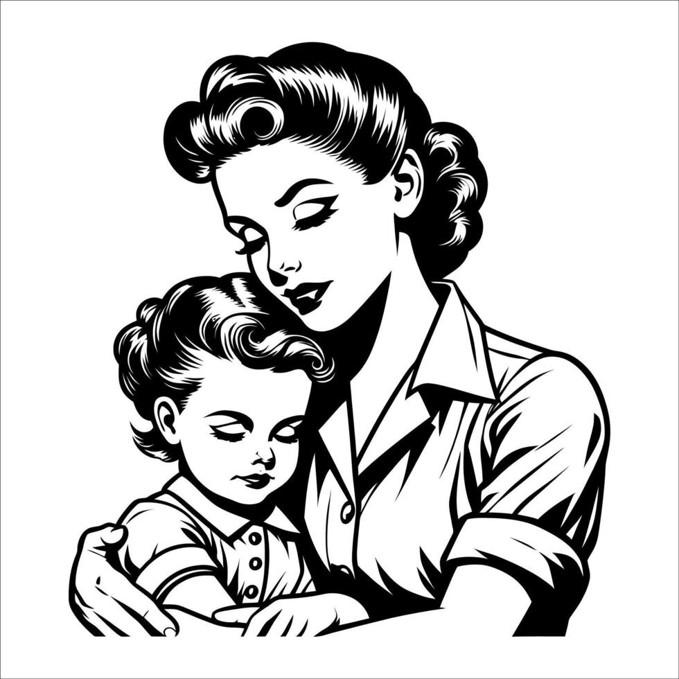 Minimal Line Art Mom and Kid Embrace 1940s vector