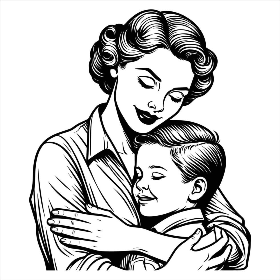 Nostalgic Mom and Kid Hug Vintage Ink Drawing vector