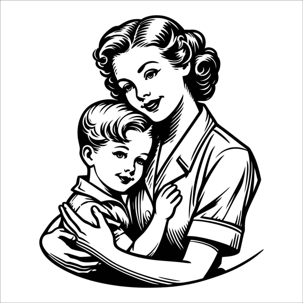 Classic Family Hug Line Art Vintage Era vector