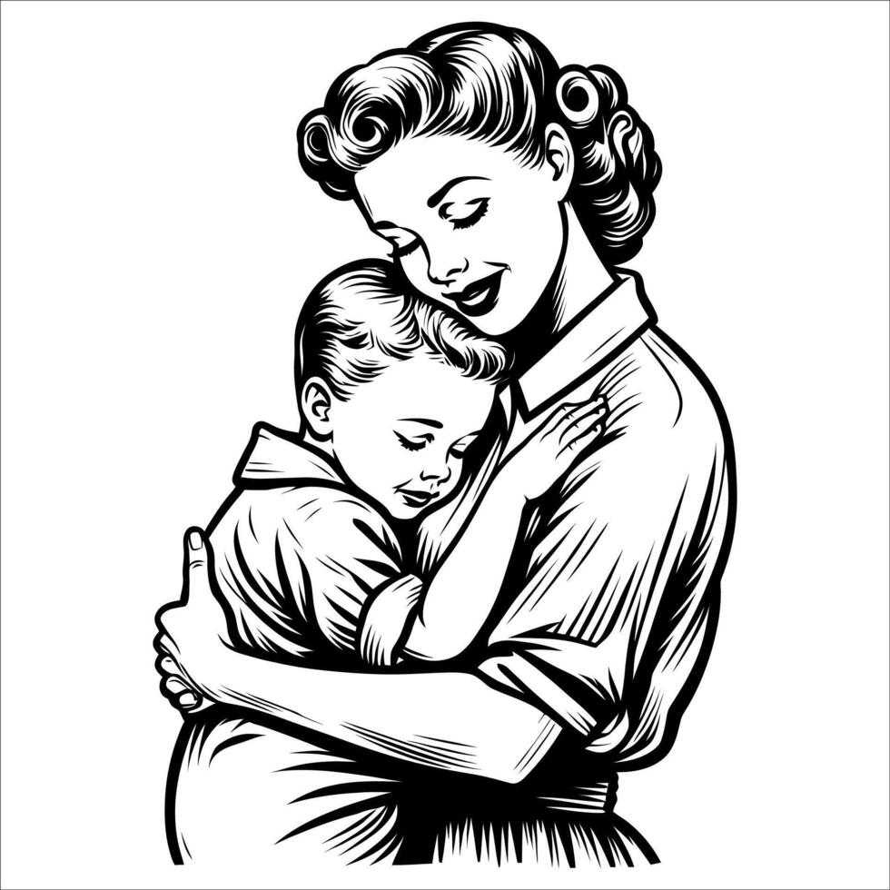 1940s Mother Love Black and White Art vector