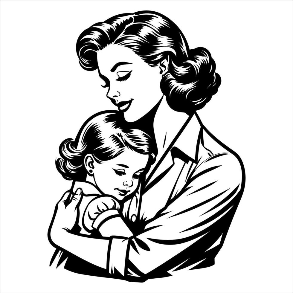 Black and White Retro Family Hug Concept vector