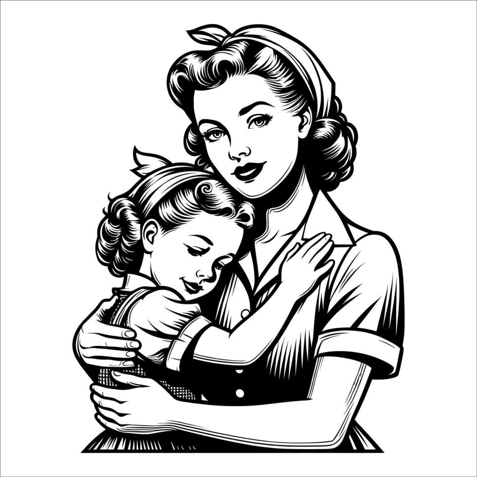 Thick Line Illustration of 1940s Family Love vector