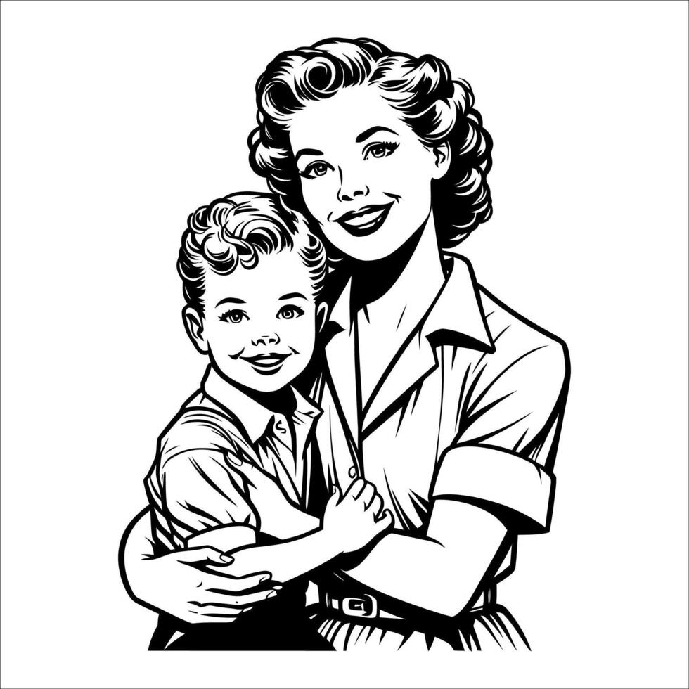 Retro Style Mom Holding Child Drawing vector