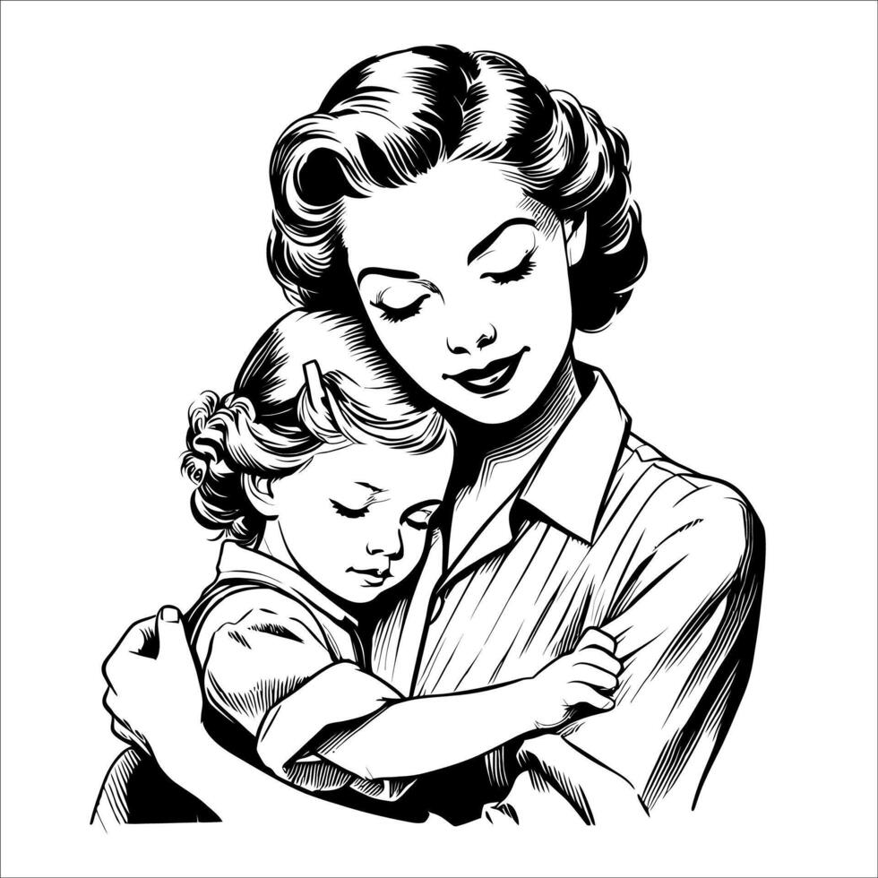 1940s Mom and Daughter Hug Line Art Graphic vector