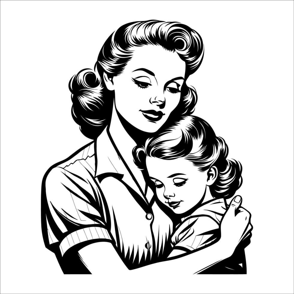 Simple Retro Style Woman Holding Kid Outline vector