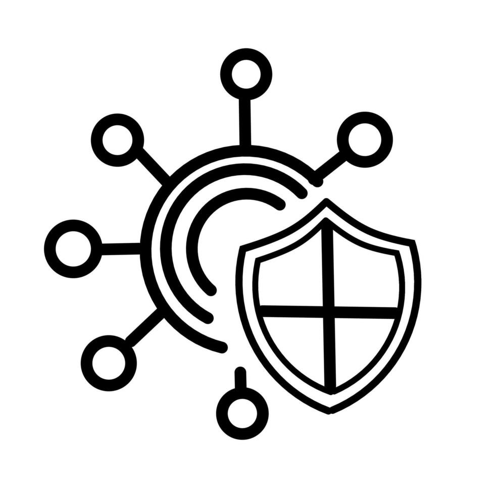 Black outline depicting a shield with a cross, positioned beside a stylized network hub with connecting nodes Representing secure network systems and protected connections vector