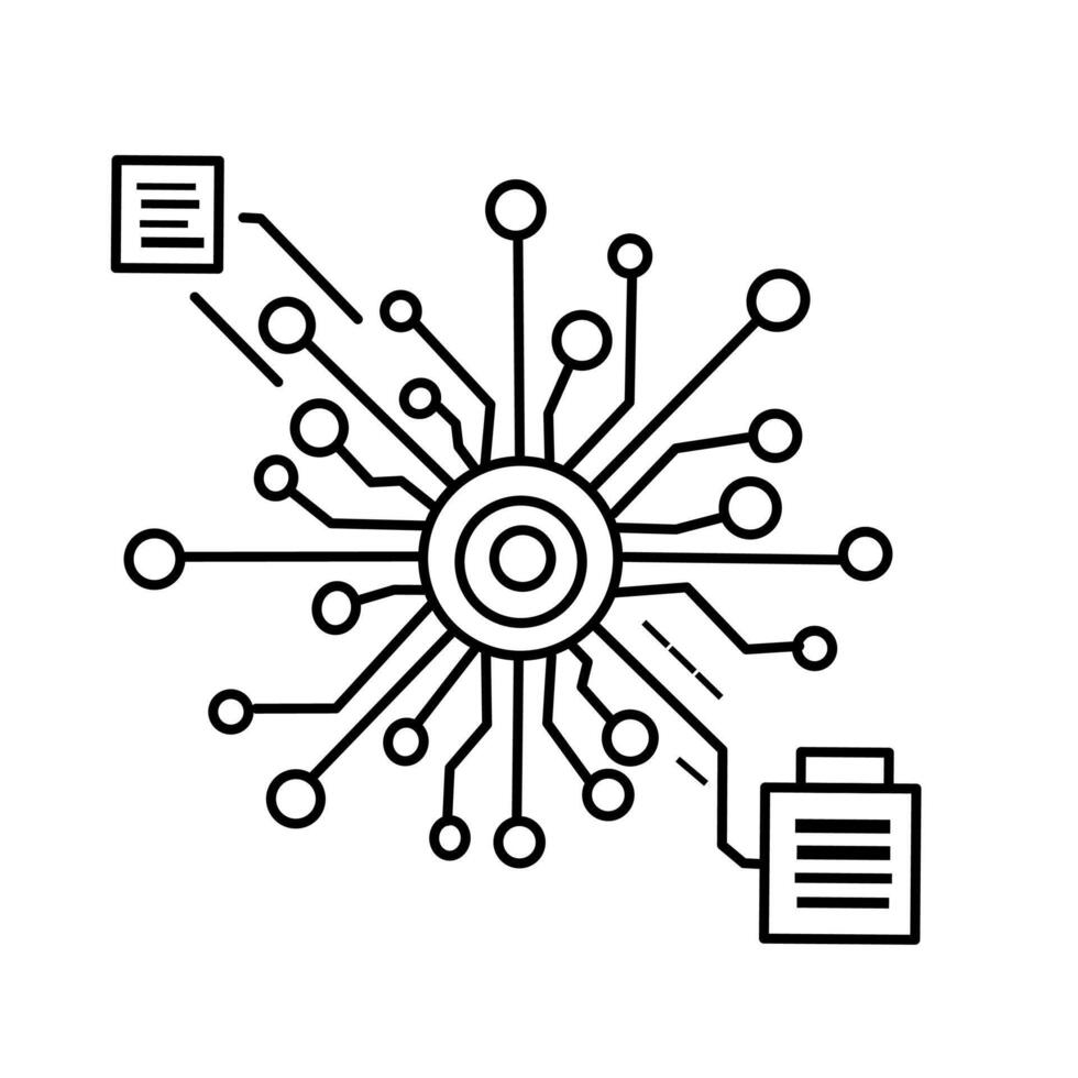 Simplified black outline of a central integrated circuit with connecting points extending outwards Representing a core processing unit or electronic vector