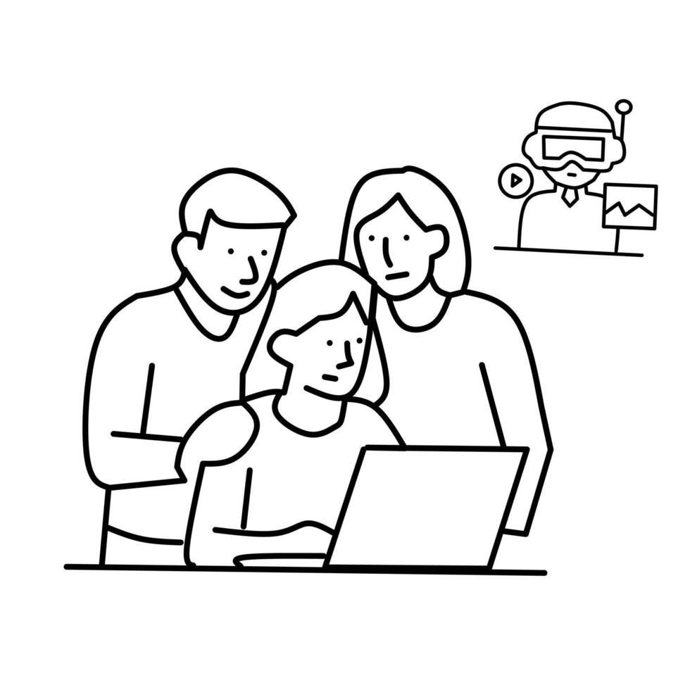 A black and white line illustration shows a family of three looking at a laptop screen, with a smaller inset image of a person wearing VR goggles and interacting with a digital interface vector