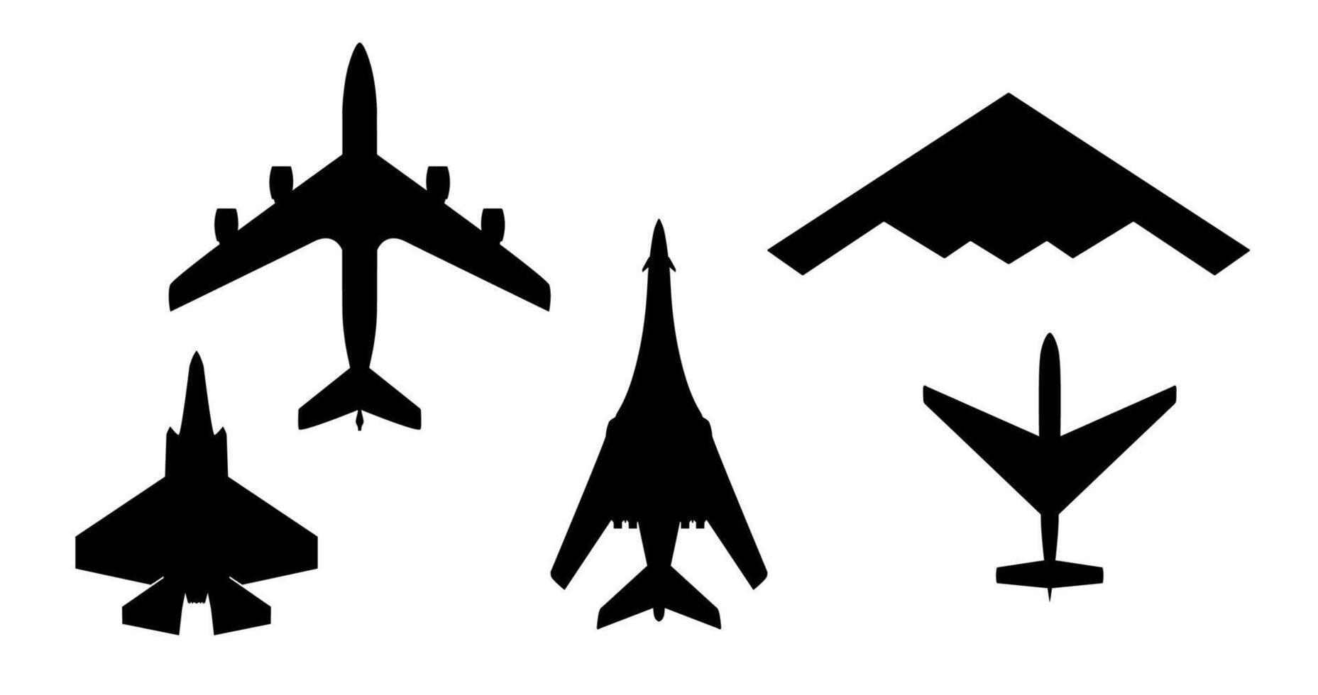 Military Aircraft and Stealth weapon icons set isolated on white background Silhouettes vector