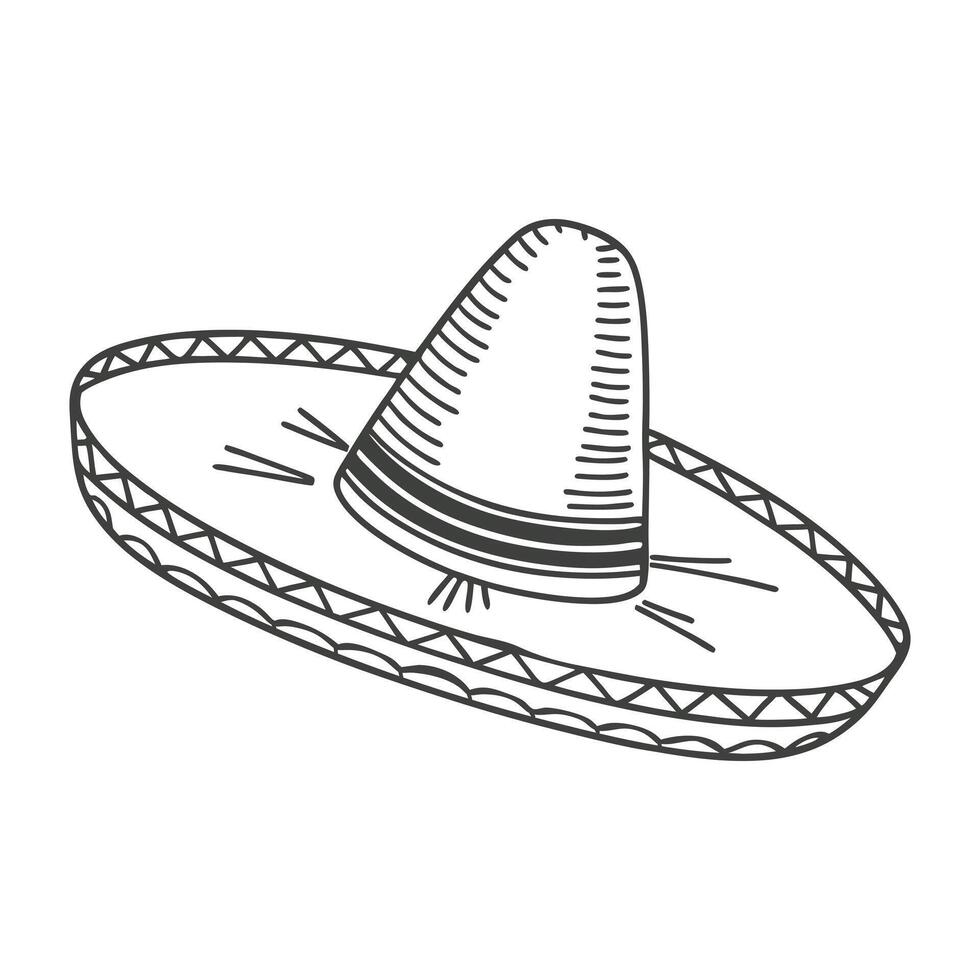 Hand drawn monochrome mexican sombrero hat with ethnic patterns. National symbol. Sketch illustration. vector