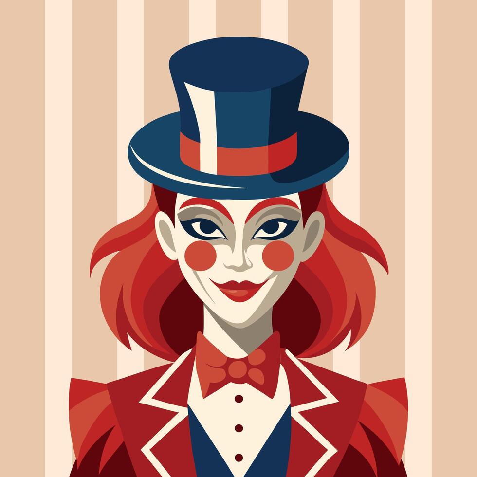 Clown girl with red hair and top hat. Circus style portrait. Illustration. vector