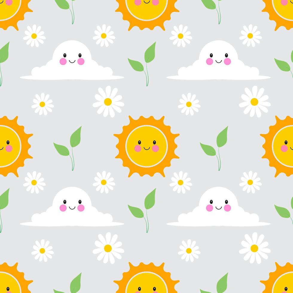 Cheerful Sun, Smiling Clouds, and Daisies A Happy Summer seamless pattern. vector