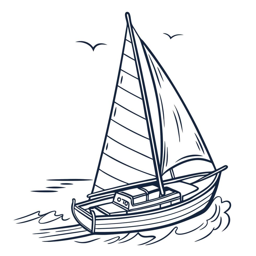 Sailboat illustration sailing boat on water with birds nautical vessel art vector