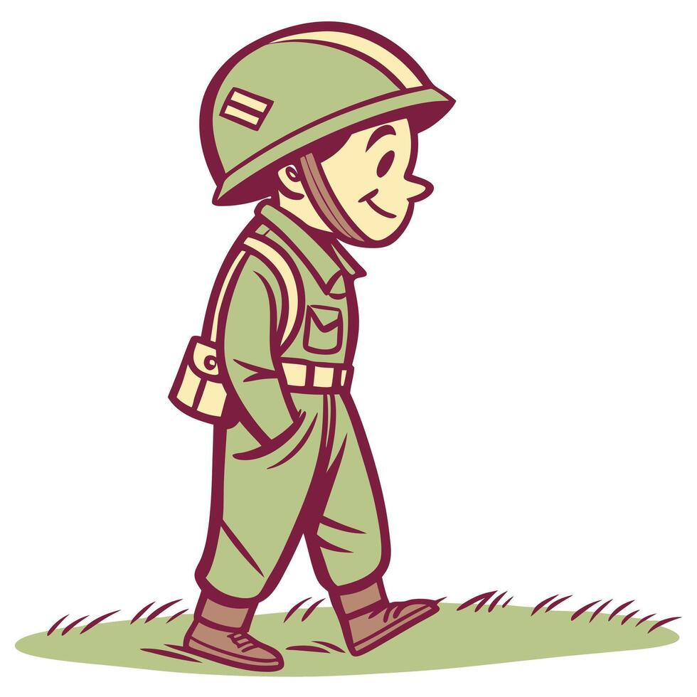 Cartoon illustration of a young soldier walking in uniform and helmet vector