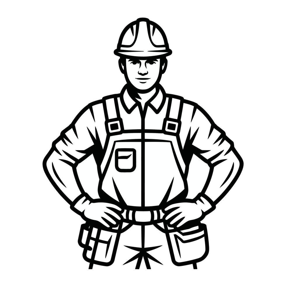 Black and white illustration of a construction worker with hands on hips vector