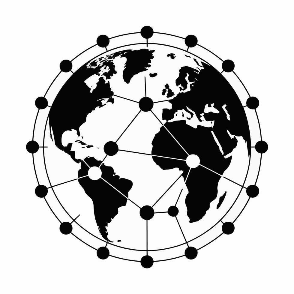 Black and White Earth Globe with Network Connections and Nodes vector