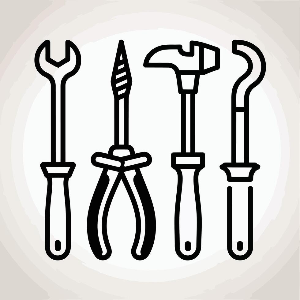 Black Outline Tools Wrench Pliers Hammer and Hook on Beige Background vector