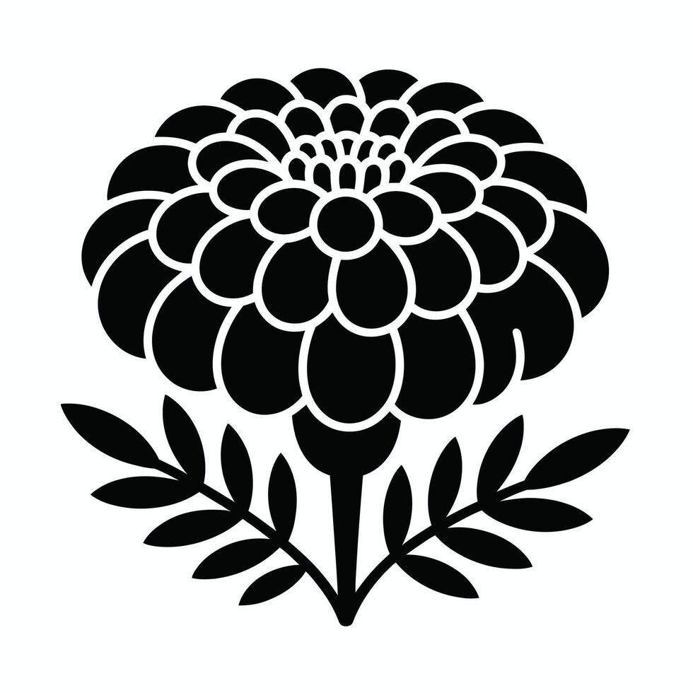 Black and white marigold flower graphic with leaves on white background vector