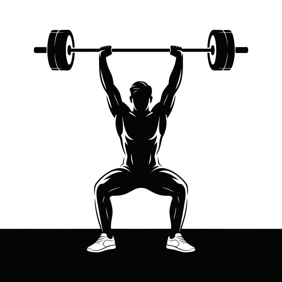 Black and white illustration of weightlifter lifting barbell overhead in squat position vector