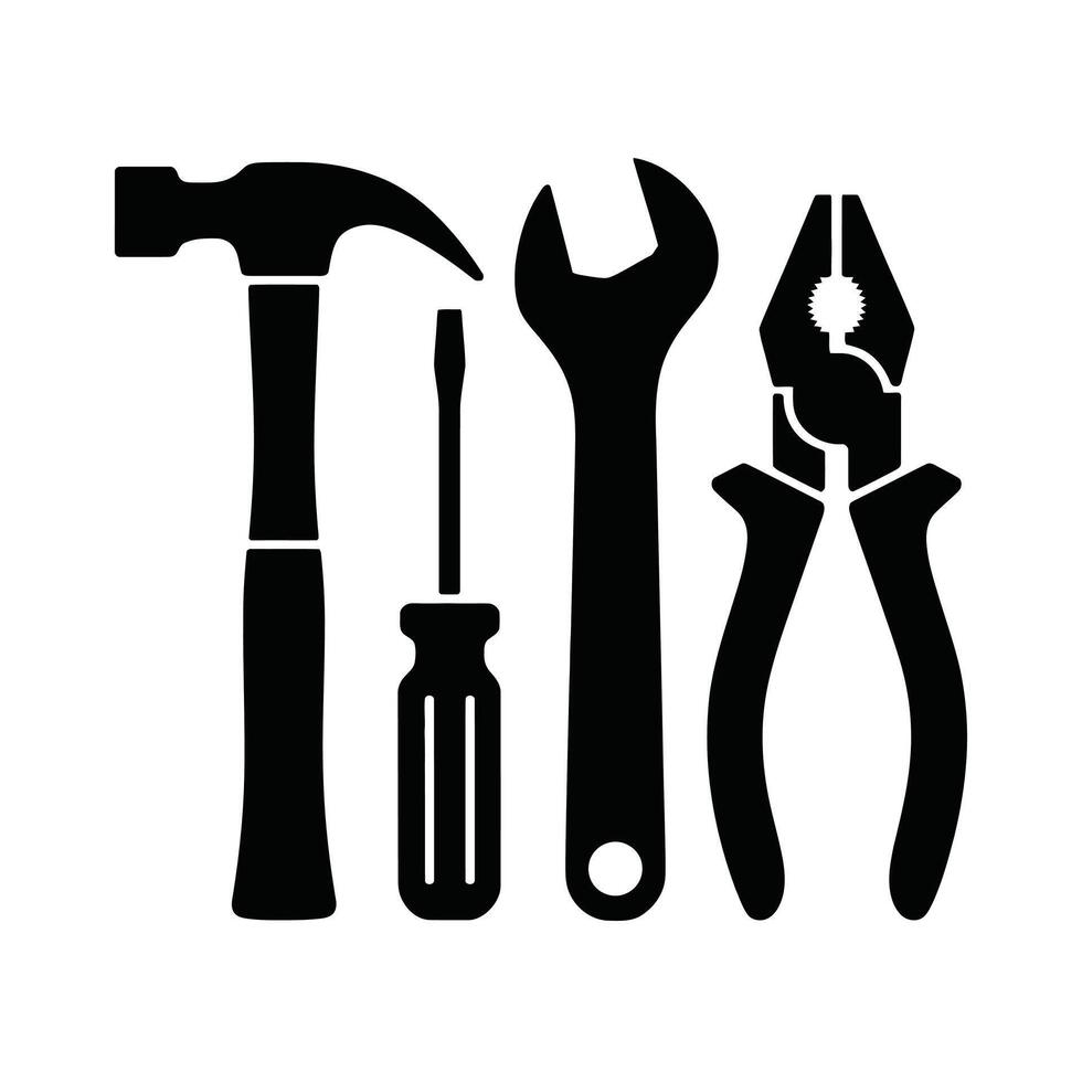 Black and white tools hammer screwdriver wrench and pliers silhouette on white background vector