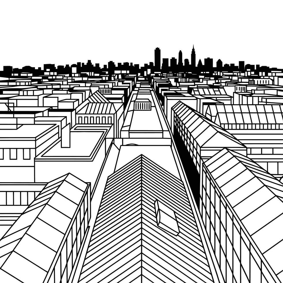 Black and White Perspective Cityscape Illustration with Buildings and Skyline vector