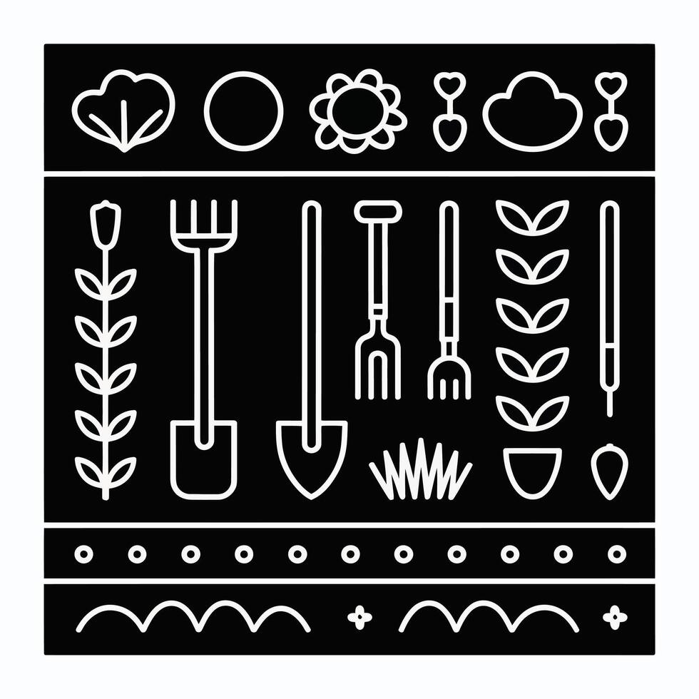Black and white garden tools and plant elements arranged in a graphic pattern vector