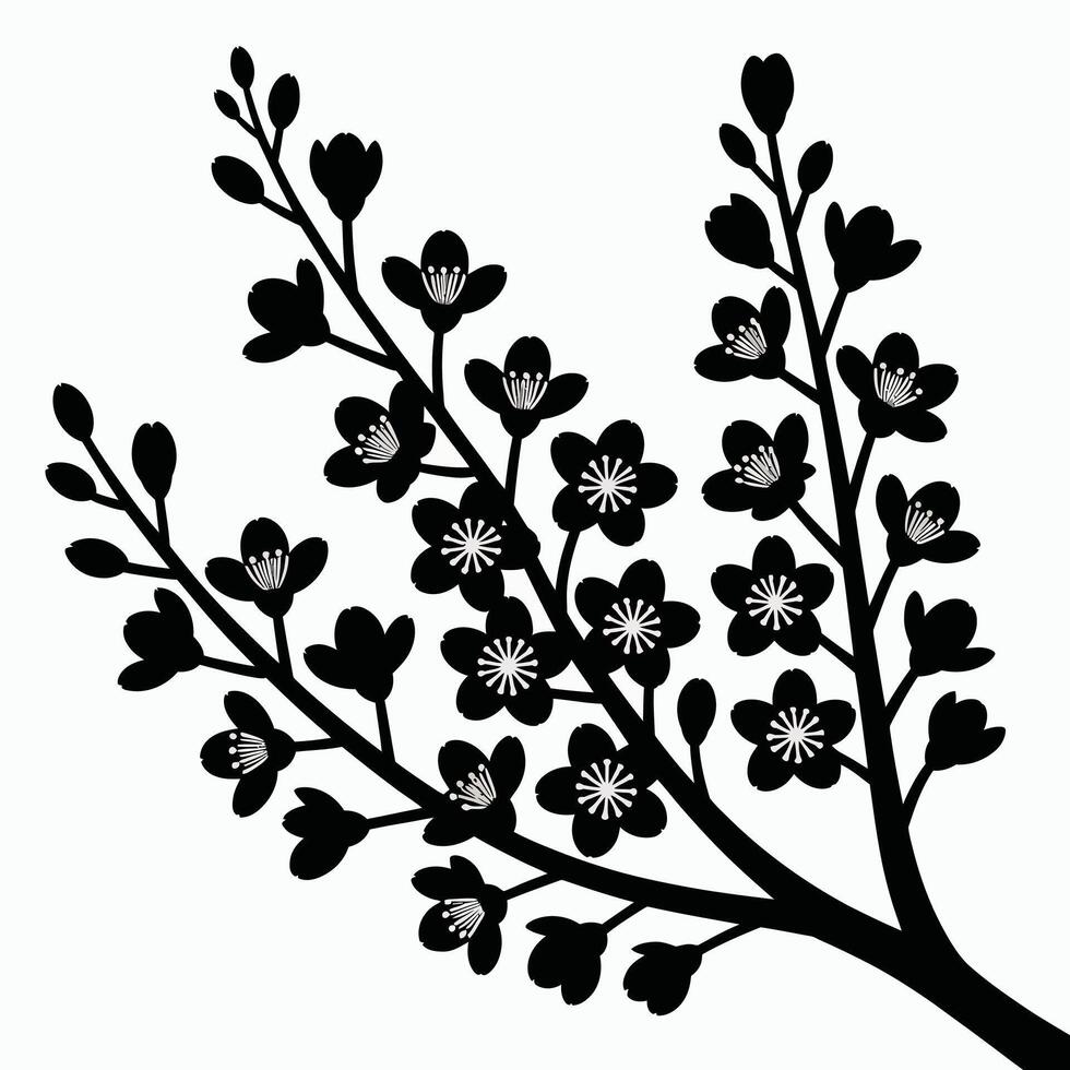 Black and White Cherry Blossom Branch Silhouette on White Background vector