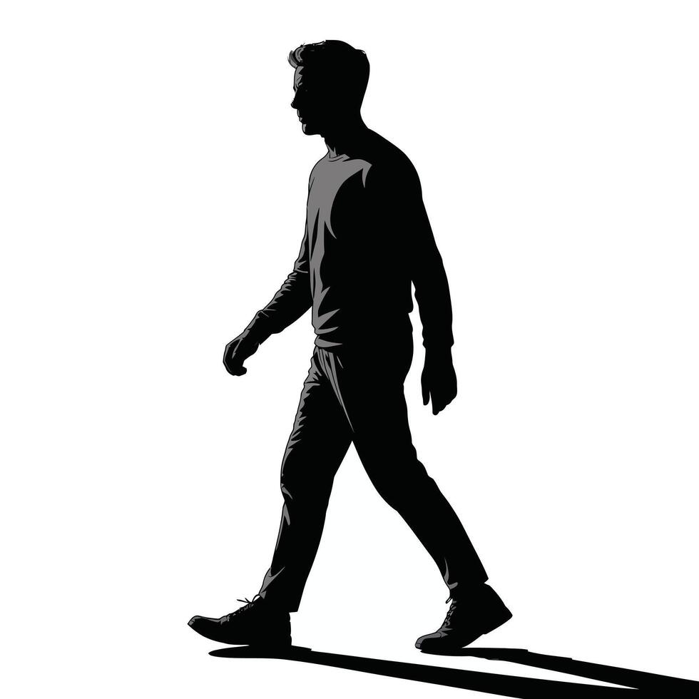 Silhouette of a Man Walking in Profile with Shadow on White Background vector