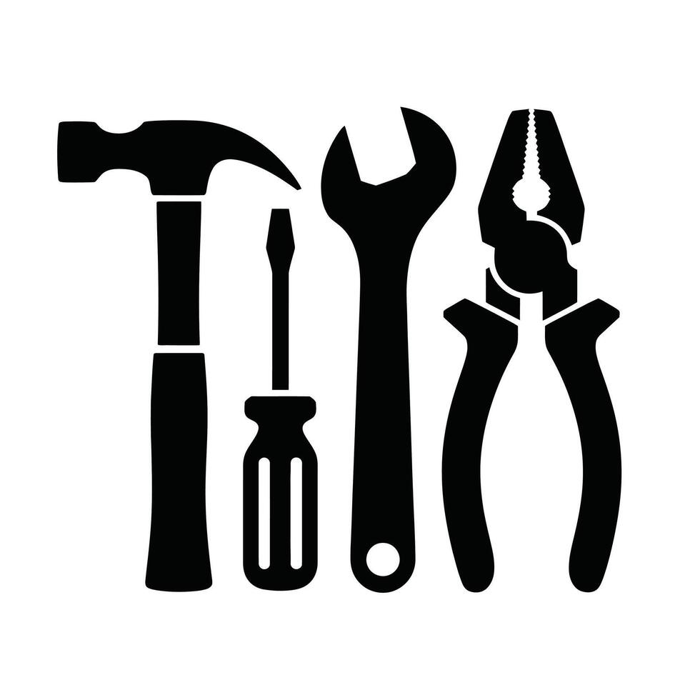 Black Silhouettes of Hammer Screwdriver Wrench and Pliers on White Background vector