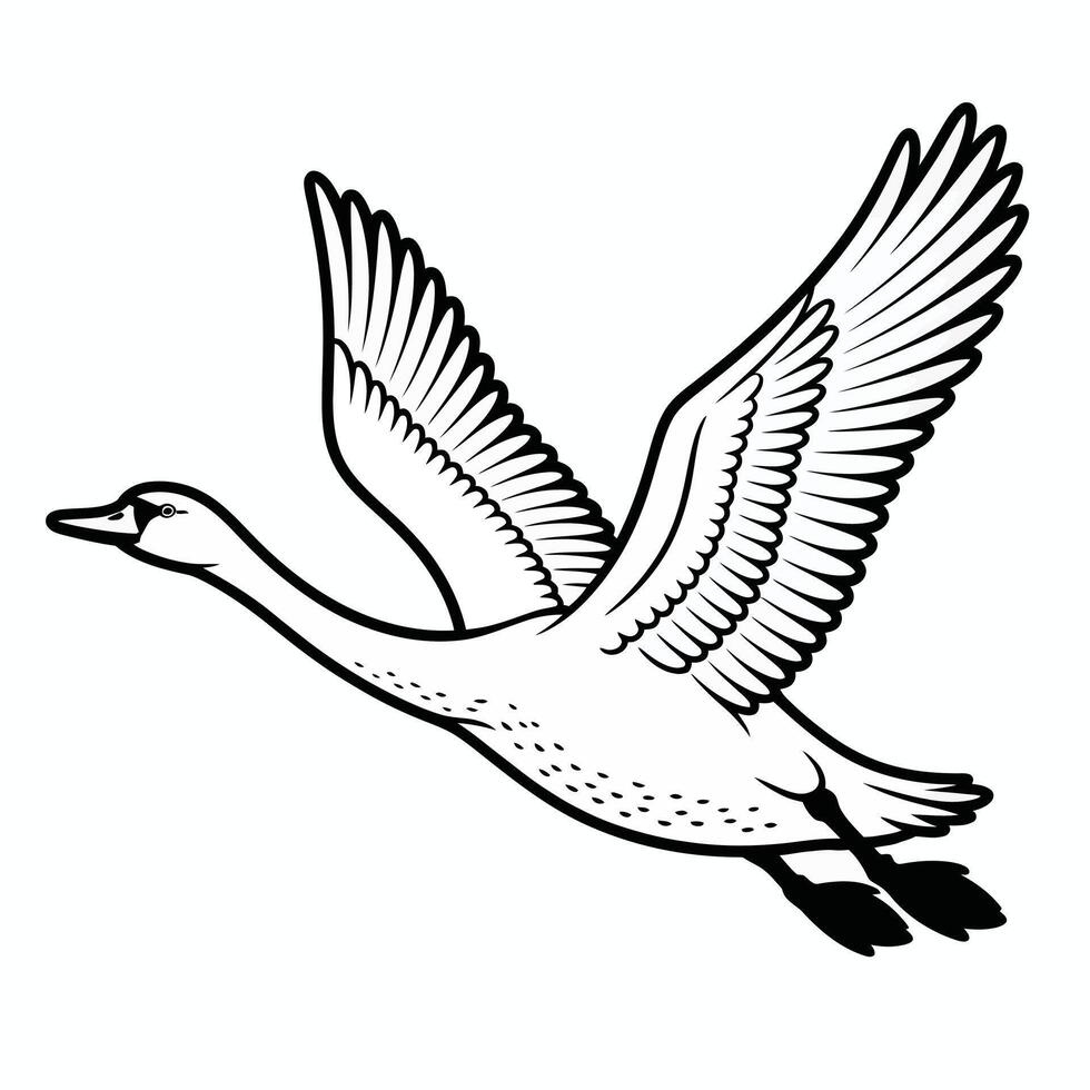 Black and white illustration of a flying swan with outstretched wings vector
