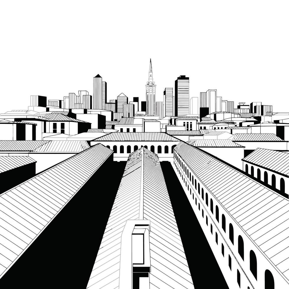 Black and white illustration of a city skyline with rooftops and buildings vector