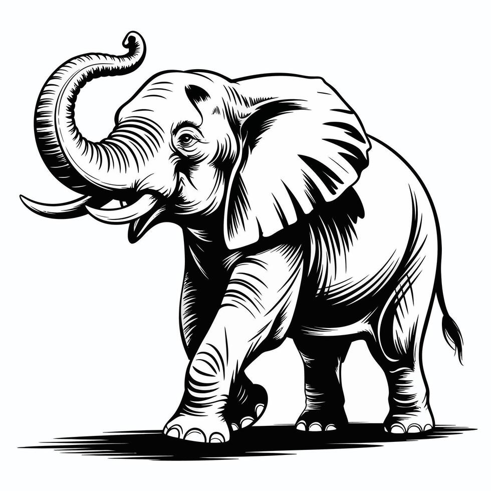 Black and white illustration of an elephant walking with trunk raised vector