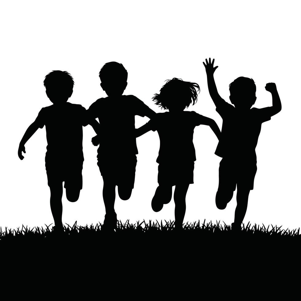 Silhouette of Four Children Running on Grass kids silhouettes vector