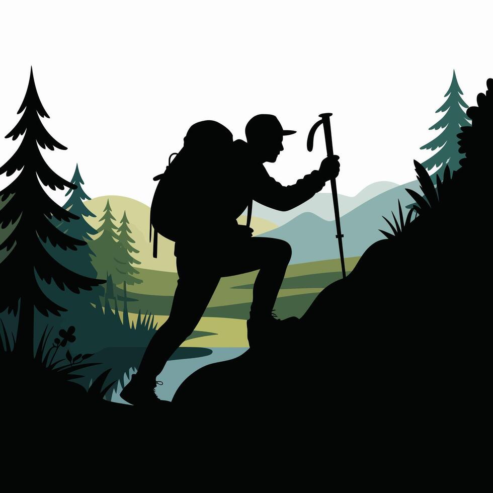Silhouette of Hiker Climbing Hill in Forest Landscape vector