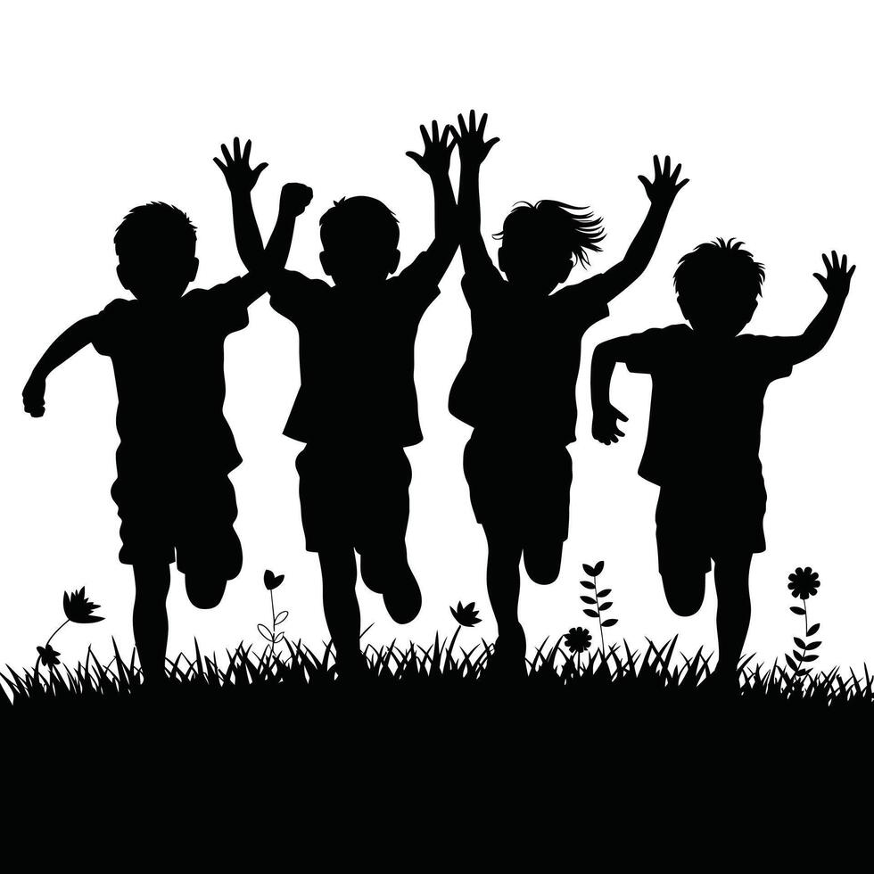 Silhouette of children jumping in the grass vector