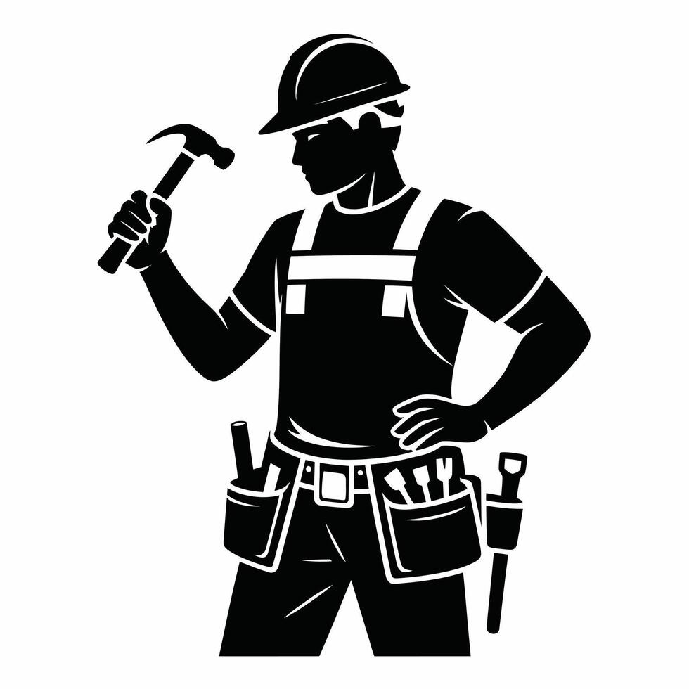 Black and white carpenter silhouette holding hammer with tool belt vector