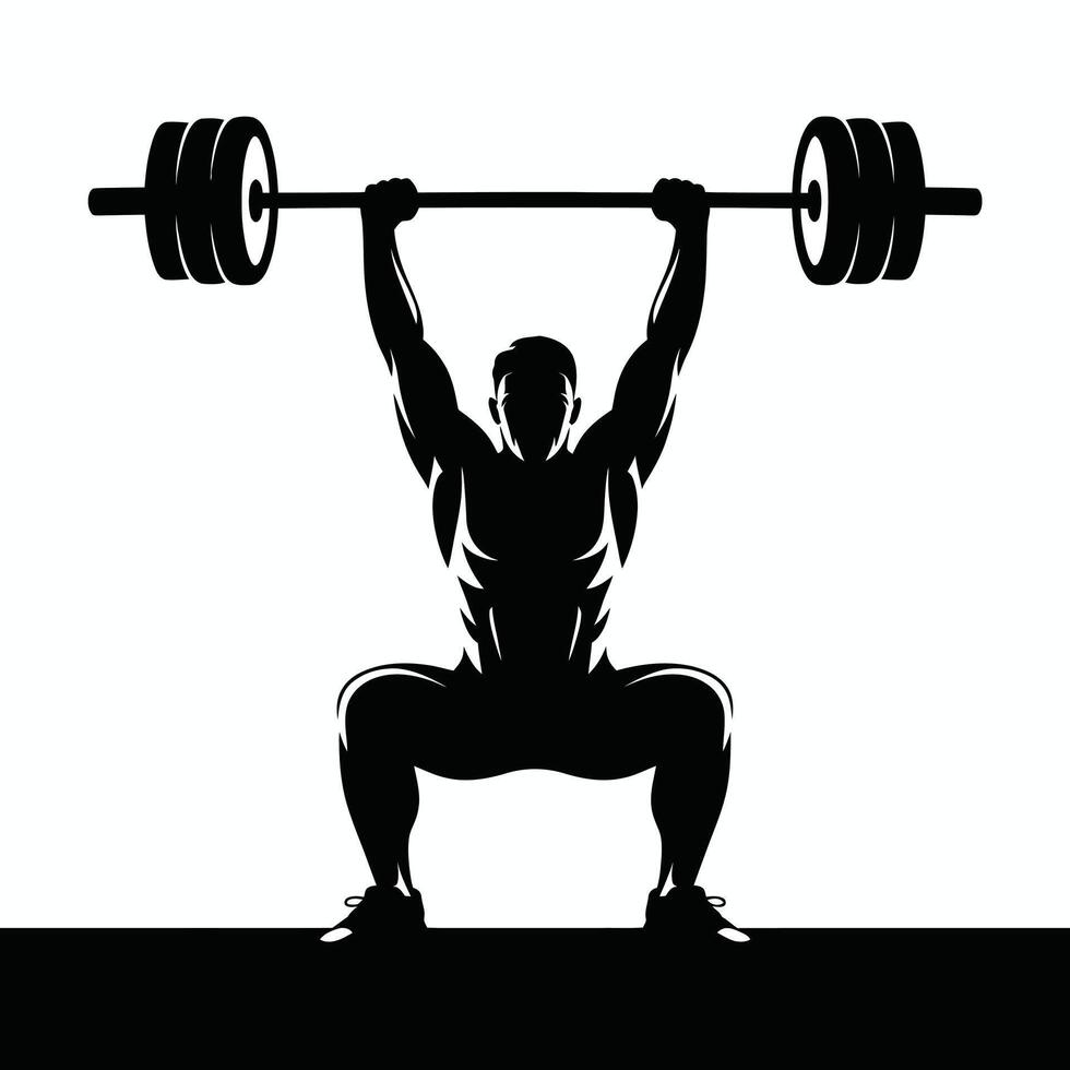 Silhouette of Weightlifter Squatting with Barbell Overhead vector