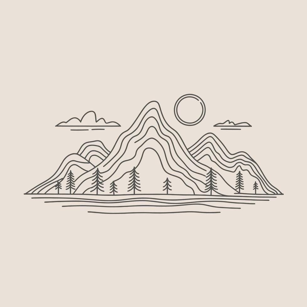Line art landscape with mountains sun clouds and trees on beige background vector