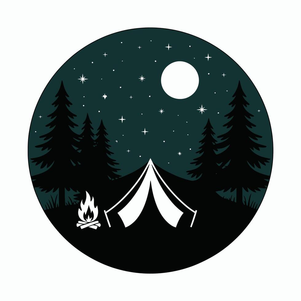 Camping scene illustration with tent campfire trees moon and stars in a circle vector