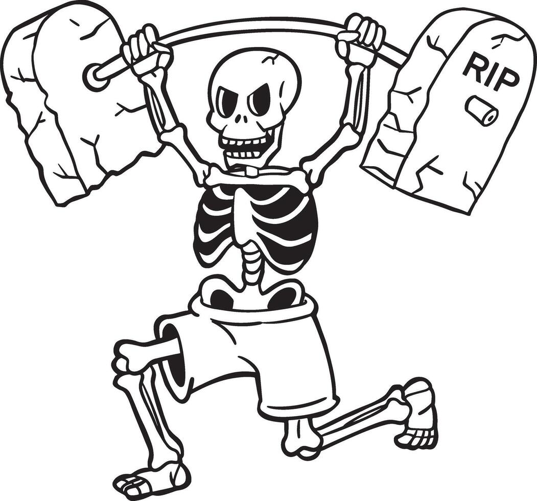 Funny Skeleton Lifting Tombstones Weights in Halloween outline vector